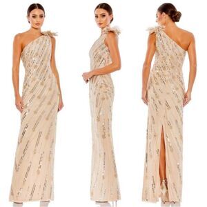 Mac Duggal beaded sequin floral one shoulder column gown size 8